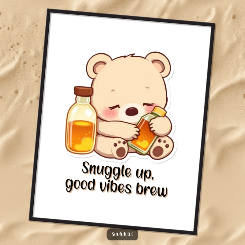 Sweet Free Printable Wall Art: Content bear cub snuggled with a glowing bottle, perfect for a nursery.