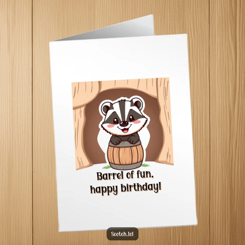Funny Free Printable Birthday Card: Happy badger grinning from a tiny barrel, ready to celebrate your special day with laughter.