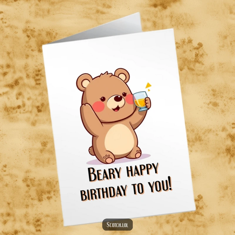 Funny free printable birthday card: A friendly bear character smiles warmly, raising a small whisky glass in a birthday toast.