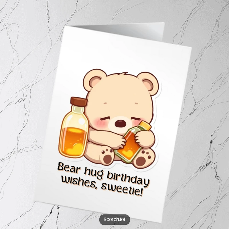 Sweet Free Printable Birthday Card: Content bear cub snuggles a glowing bottle, wishing a happy birthday.