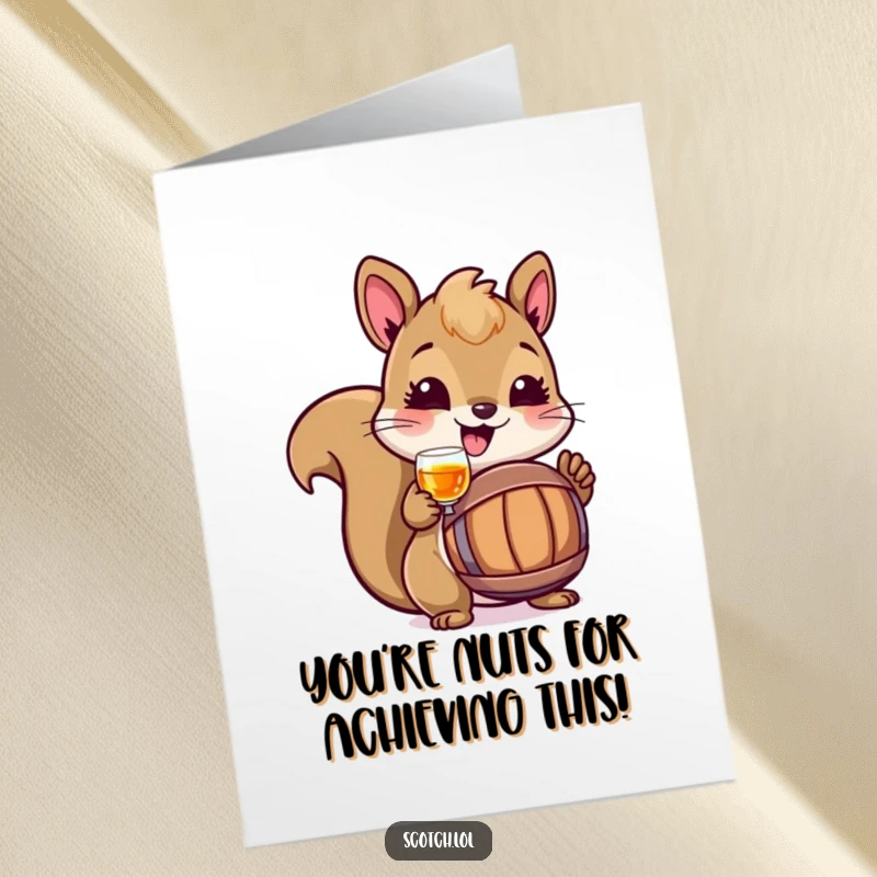 Funny Free Printable Congrats Card: Happy squirrel holds up a tiny barrel of amber liquid, celebrating success.