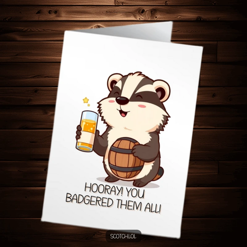 Funny free printable congratulations card: A cheerful badger character raises a miniature whisky barrel in a celebratory toast.