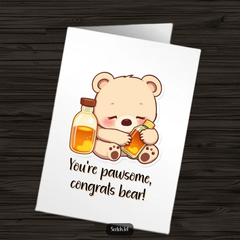 Heartfelt Free Printable Congrats Card: Cozy bear cub rests beside a glowing bottle, celebrating success.