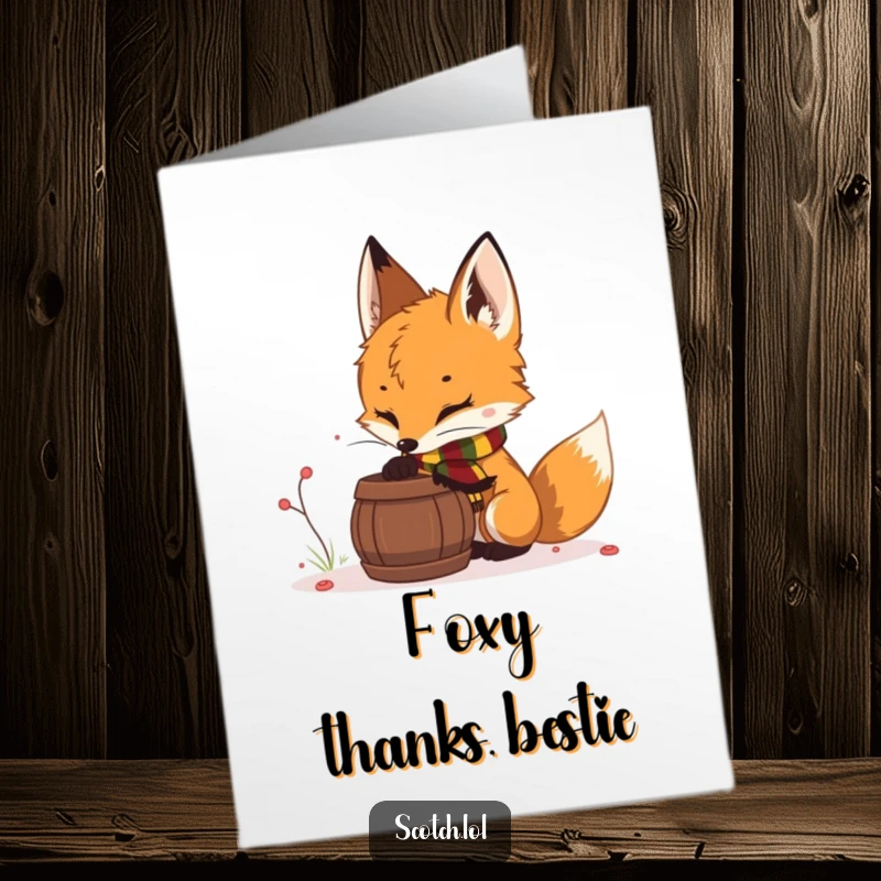 Funny Free Printable Thank You Card: Curious fox cub in a tartan scarf sniffing a barrel, a sweet downloadable thank you.