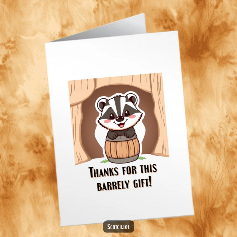 Funny Free Printable Thank You Card: A happy badger peeking from a barrel, expressing gratitude with a cheerful and memorable grin.