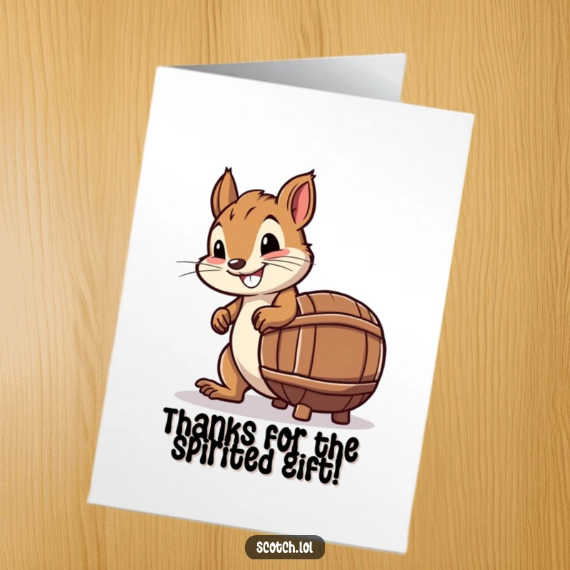 Funny Free Printable Thank You Card: A smiling squirrel rolling a tiny whiskey bottle barrel, a comical way to send your thanks.