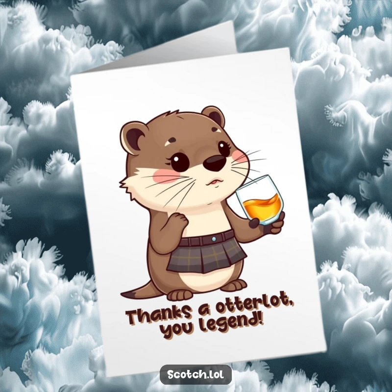 Funny free printable thank you card: A charming otter in a kilt enjoys a whisky, a unique way to say thanks.