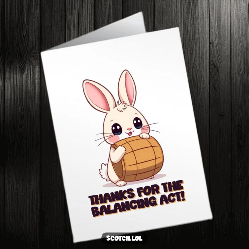 Funny Free Printable Thank You Card: A rabbit with wide eyes balancing a small barrel on its nose, a comical way to express thanks.
