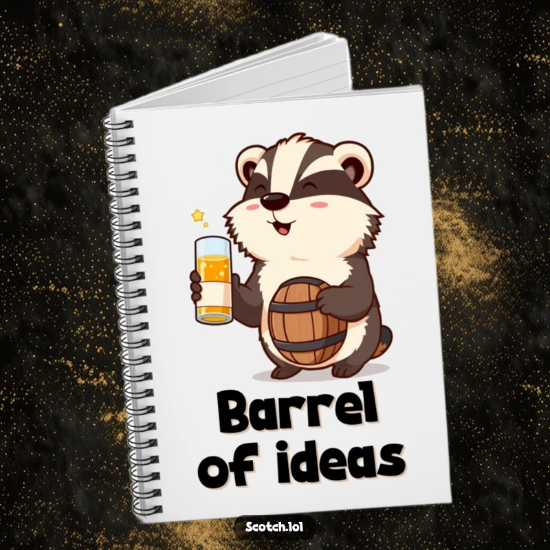 Funny Badger Notebook celebrating with a miniature whisky barrel, a humorous and practical stationery item.