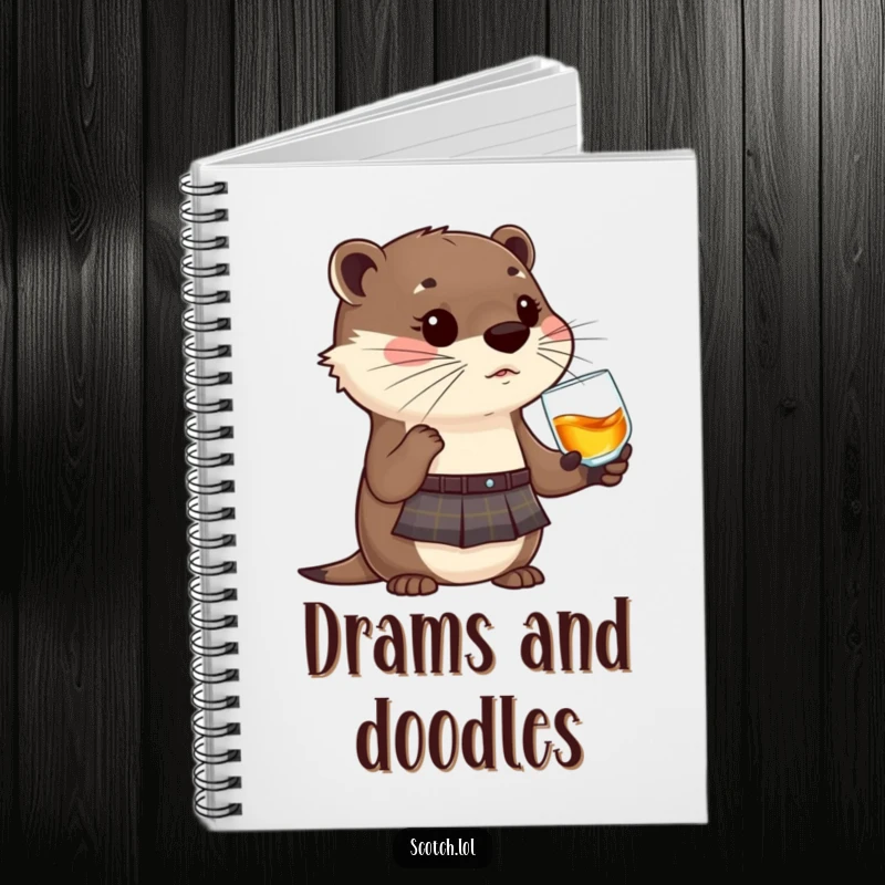 Funny Otter Notebook with a kilt and whisky glass, a cute and humorous stationery item.