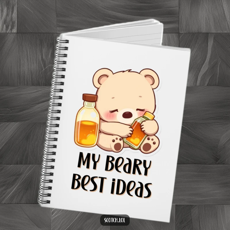Funny Bear Cub Notebook featuring a contented cub snuggled with a glowing bottle, ideal for jotting notes in comfort.