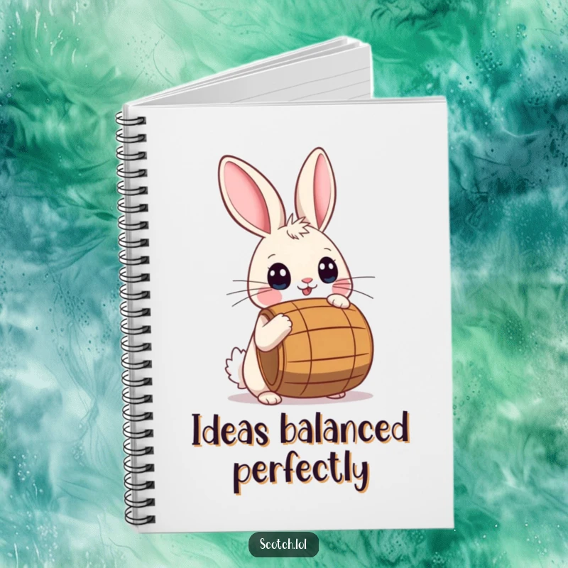 Funny Notebook featuring a playful rabbit with wide eyes balancing a small barrel on its nose.