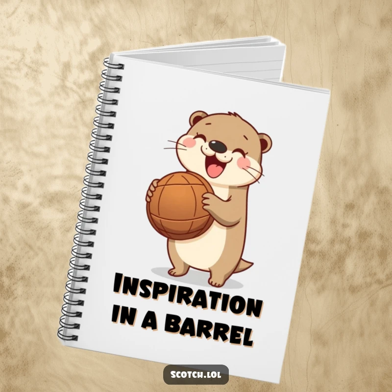 Funny otter notebook, perfect for writing, with a happy otter holding a barrel, offering river inspiration and humor.