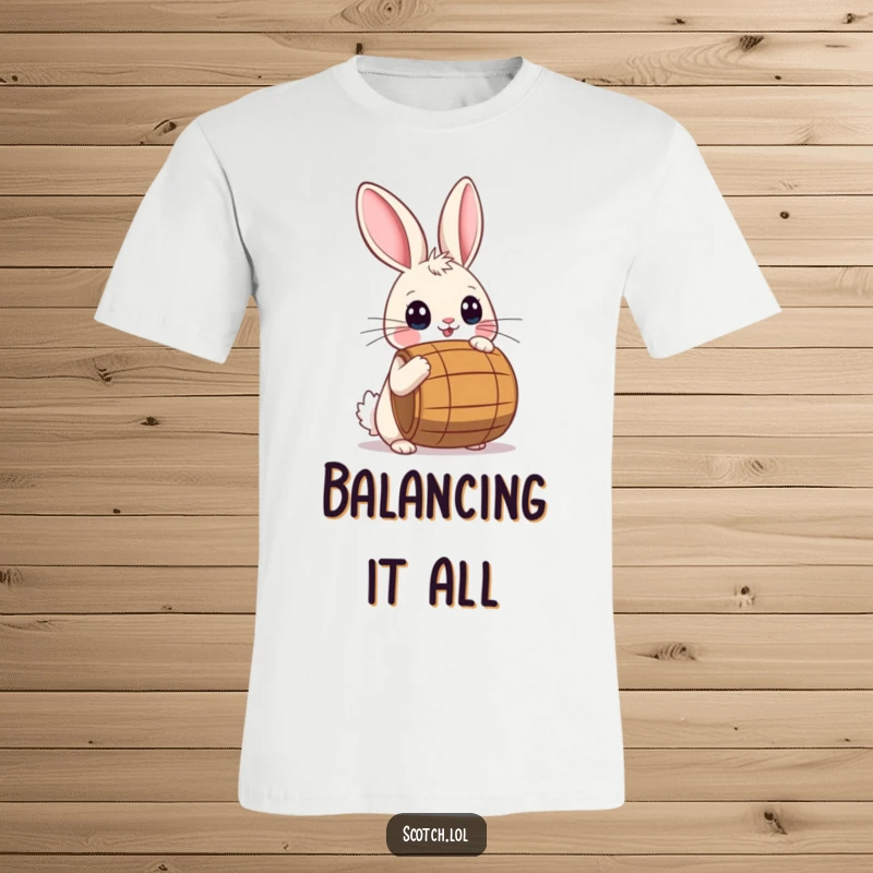 Funny T-Shirt with a playful rabbit sporting wide eyes while balancing a small barrel on its nose.