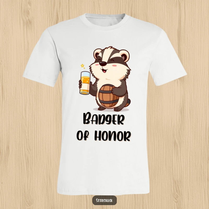 Funny Badger T-Shirt toasting with a miniature whisky barrel, a cheerful and humorous wildlife design.