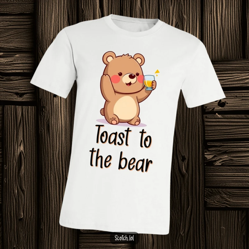 Funny Bear T-Shirt raising a small whisky glass in a toast, a friendly and humorous wildlife design.