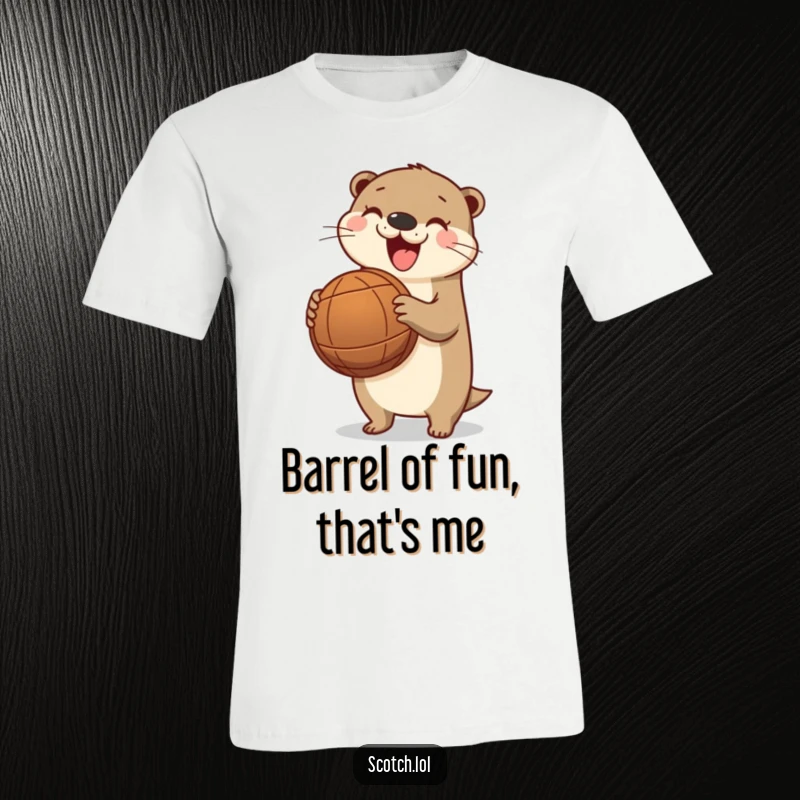 Funny otter t-shirt, a happy otter holding a barrel, showcasing pure joy and playful river antics.