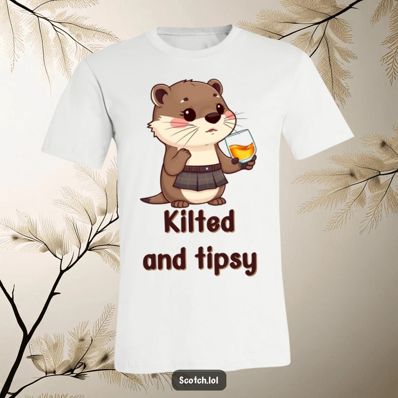 Funny Otter T-Shirt in a kilt, holding a whisky glass, exuding Scottish charm and humor, ideal funny gift.