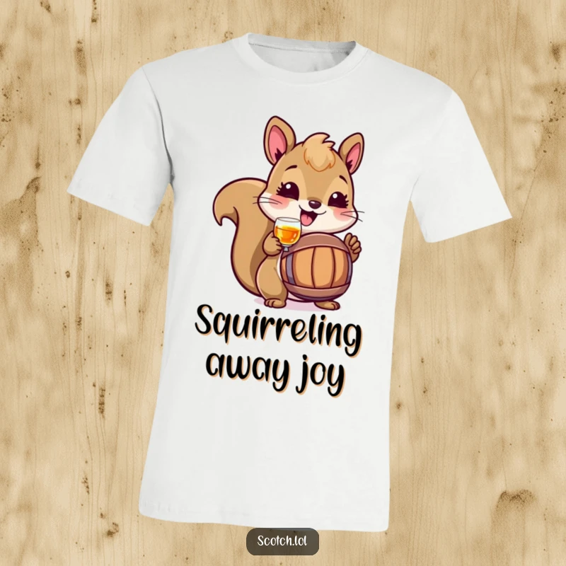 Funny Squirrel T-Shirt featuring a cheerful squirrel toasting with a tiny barrel, perfect for woodland enthusiasts.