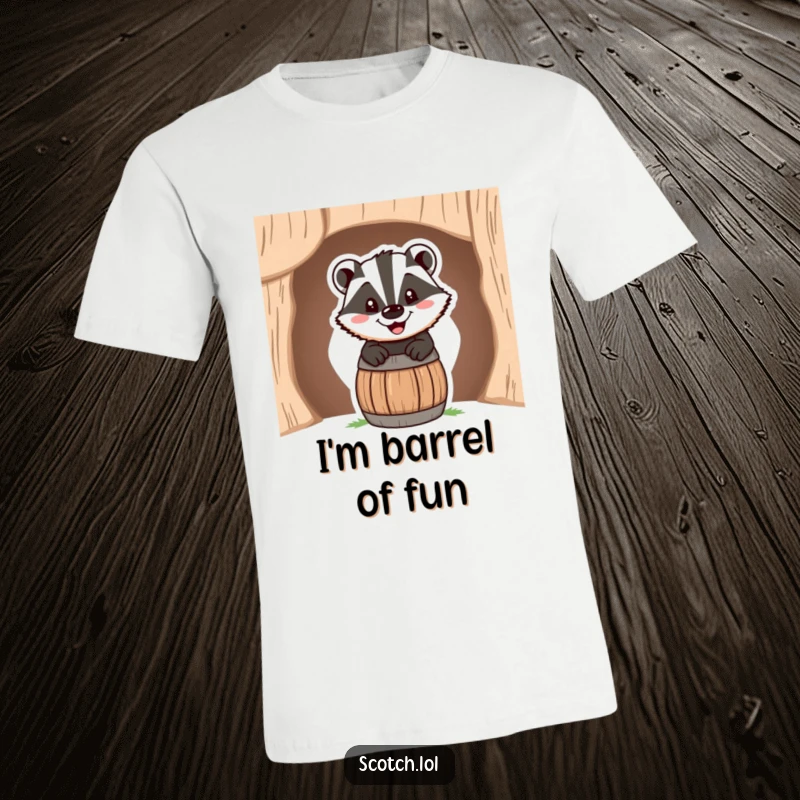 Funny T-Shirt with a happy badger peeking from a tiny barrel, showcasing a wide, cheerful grin.