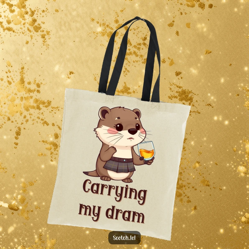 Funny Otter Tote Bag with a kilt and whisky glass, a cute and humorous accessory for shopping.