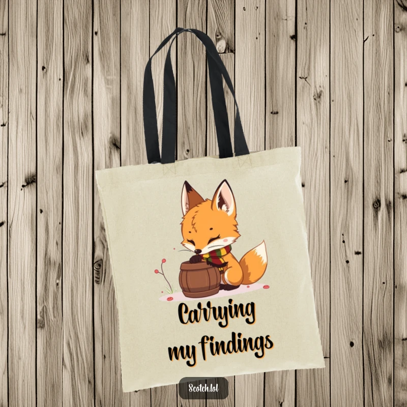 Funny fox cub tote bag, practical and stylish, with a fox cub in a scarf sniffing a barrel, ideal for nature outings.