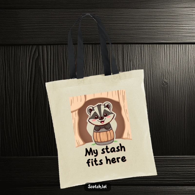 Funny Tote Bag featuring a happy badger with a cheerful grin emerging from a miniature barrel, ideal for shopping.