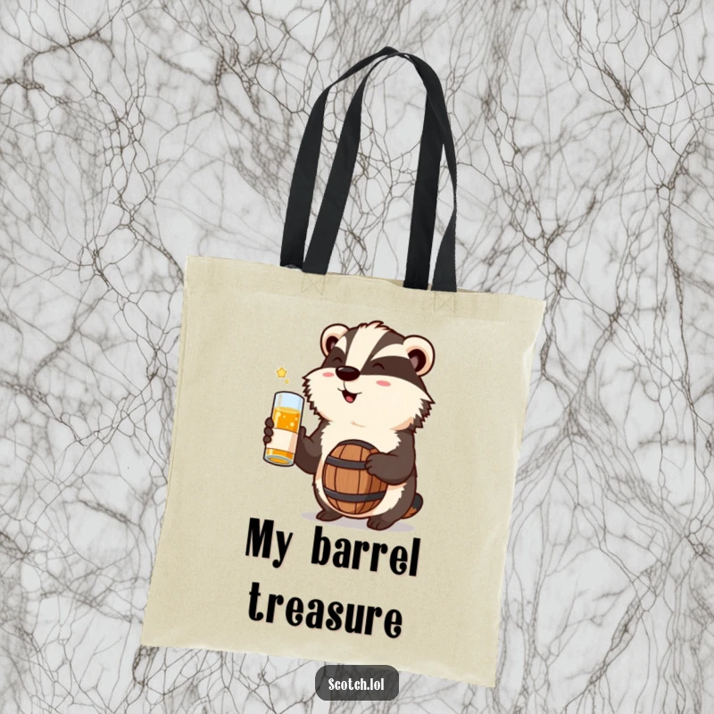 Funny Badger Tote Bag toasting with a miniature whisky barrel, a humorous and practical accessory for any outing.
