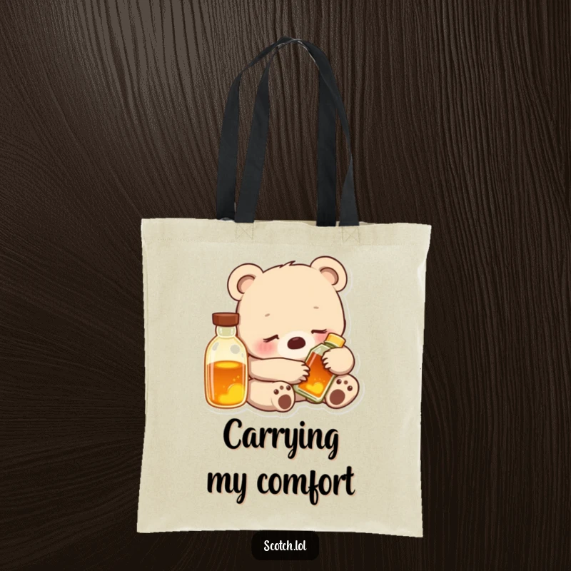 Funny Bear Cub Tote Bag featuring a contented cub snuggled with a glowing bottle, a charming and practical comfort accessory.