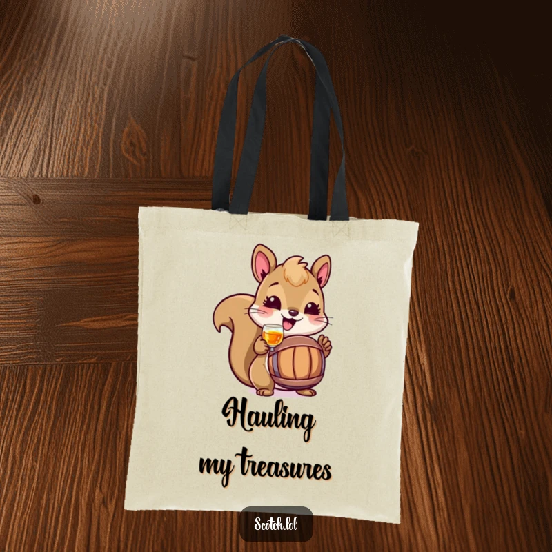 Funny Squirrel Tote Bag featuring a cheerful squirrel toasting with a miniature barrel, a charming and practical accessory.